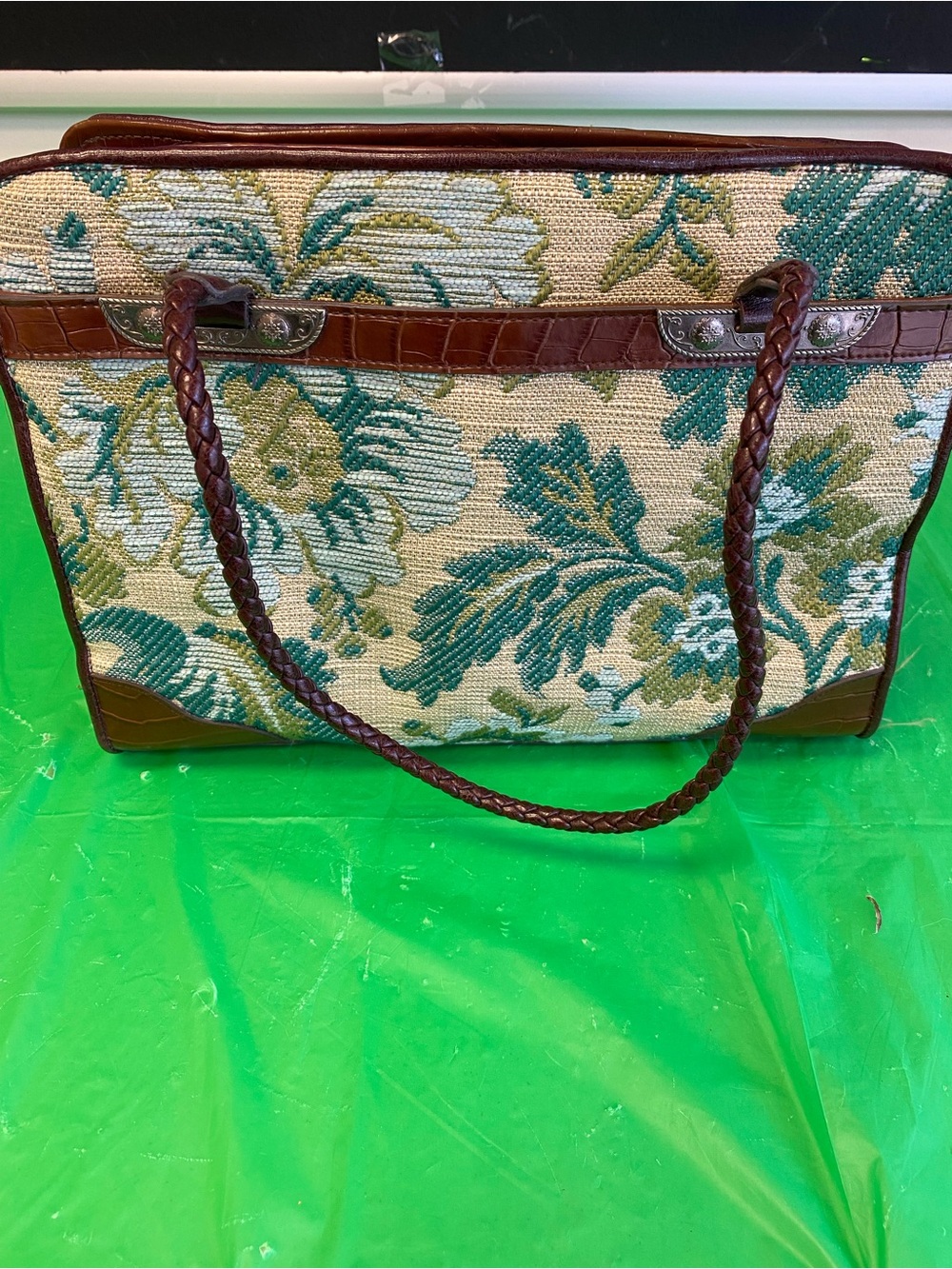 Vintage 1980 tapestry Woven Floral Tote Bag with Brown Leather Trim